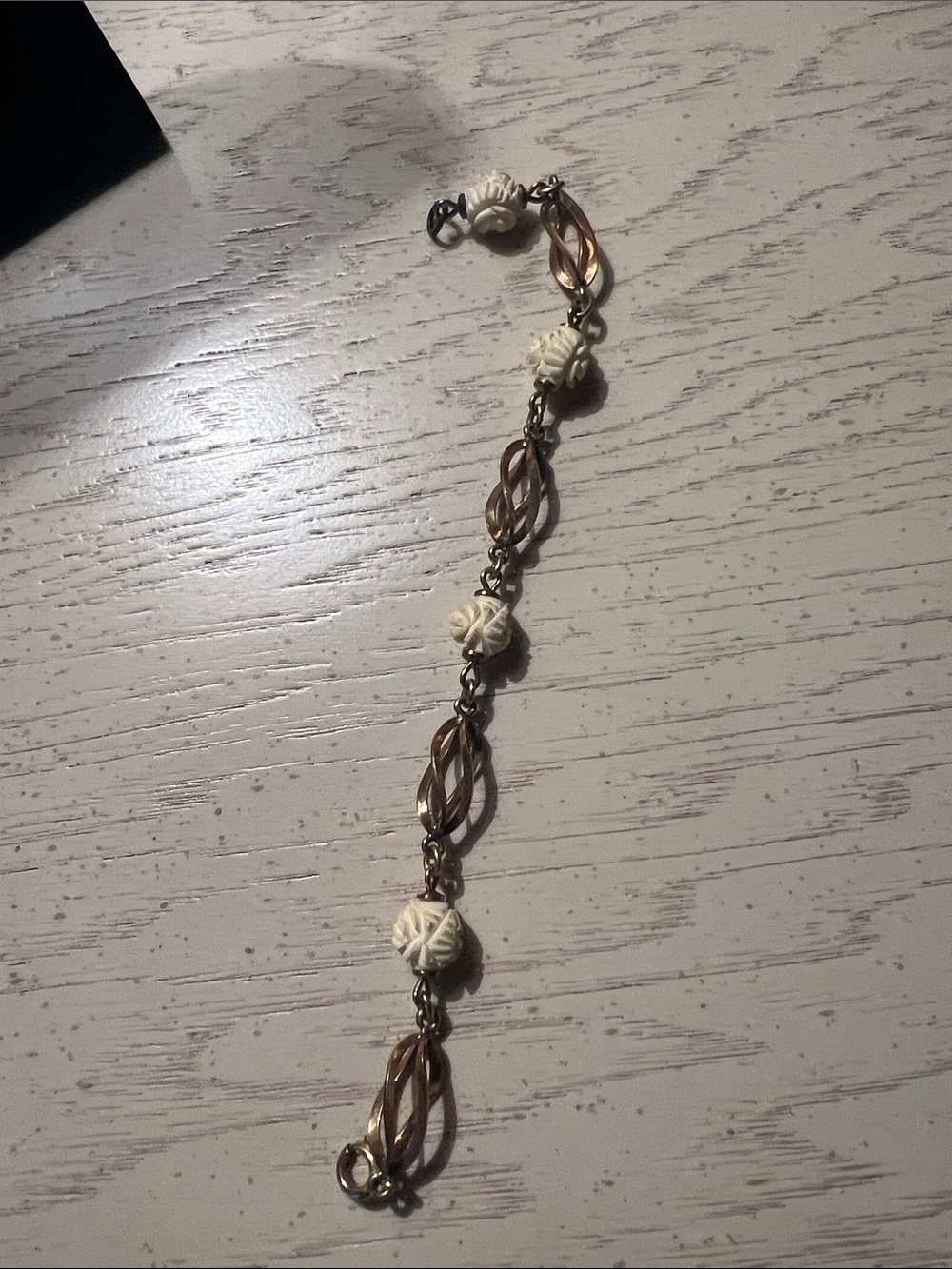 Delicate White Ivory  Bead and Rose Gold Link Bracelet